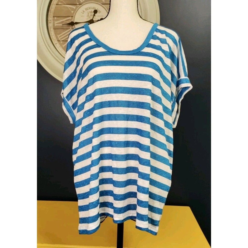 Loft 100% Linen Top Women's XL Blue White Striped Cap Sleeves Lightweight EUC